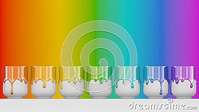Seven Ñups with leaky gouache paint are in a row. Thick rainbow color paint. Banner with copy space. 3D rendering. Stock Photo